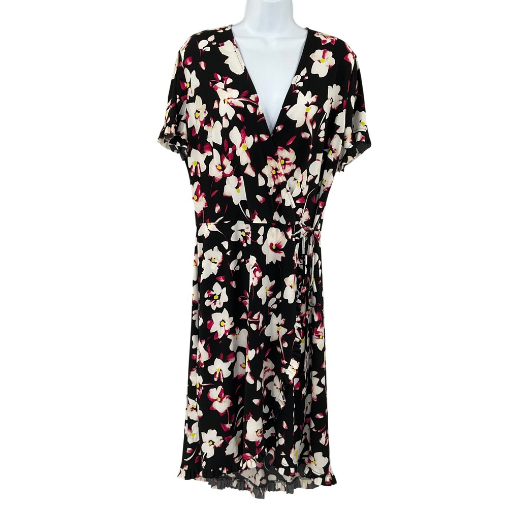 ROZ & ALI Black Floral Wrap V-Neck Midi Dress Womens Sz 16 Mature Office Career